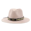 Pink Panama straw hat with wide brim and vintage bronze bull head metal emblem decoration - M (56-58cm) / Flesh Pink