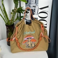 Khaki nylon tote bag with mushroom embroidery and colorful woven rope handles - Khaki Mushroom (Without Shoulder Strap)