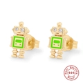Boucles d'oreilles robot en argent S925 doré avec émail vert et petites pierres - Argent 925 / Or - Robot Vert Néon