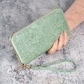 Long zipper wallet for women in mint green leather featuring embossed flower textures - Green