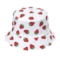 White reversible bucket hat featuring cute red strawberry embroidery and black polka dots - White