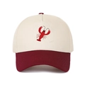 Detail of red lobster embroidery on beige and burgundy cotton baseball cap with stitching - Burgundy