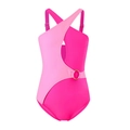 Einteiliger Mädchen-Badeanzug in Pink mit Neckholder und goldenem Ringdetail - 128 / Dunkelrosa