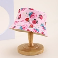 Detail of pink strawberry print kids bucket hat featuring reinforced stitching on the brim - Kids One Size / Pink (Strawberry)