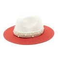 Detailed texture of two-tone woven straw hat with multiple rows of white pearls - M (56-58cm) / White + Red