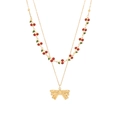 Collier double couche doré avec émail cerise rouge et pendentif nœud papillon doré - Collier Double Couche Cerise et Nœud (7#)