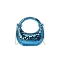 Metallic blue crescent handbag with quilted texture and round handle on white background - Sky Blue
