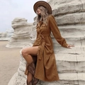Detail of brown corduroy shirt dress featuring a waist belt and side slit design - S / Brown