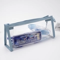Transparent PVC pencil case with sky blue leather trim and top zipper closure - Blue