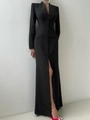 Elegant black V-neck long-sleeve dress with button details and high side slit - S / Black