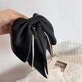 Elegant black satin bow hair claw with beige contrast edges and pearl decoration - Black + Beige