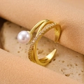 Adjustable gold ring with light pink pearl and zircon accents for a minimalist look - Gold Pearl Zirconia Open Ring (Z-534)