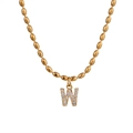 Golden bean chain necklace featuring a zircon-encrusted capital letter W pendant - Letter W