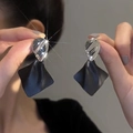 Minimalist silver hammered teardrop earrings with black geometric pleated pendants - Rhombus Drop Earrings - Black