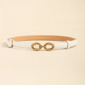 Close-up of white thin leather belt with gold double-ring buckle and hollow design - White