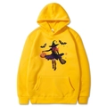 Yellow Halloween hoodie with witch, bat, and pumpkin print in a flat lay display - Yellow
