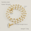 Detail view of 18k gold plated stainless steel necklace with white pearls and T-bar clasp - Gold (18K Gold Plated)