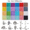 DIY Jewelry Set: 24-grid box with 3mm glass beads and 10 silver metal pendant styles - Light Color Beads + Alloy Accessories 503g / 3mm 12000pcs + 10 Styles Pendants x2