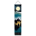 Artistic mountain landscape tapestry with moon and tassels in deep blue and green hues - 32.5x130cm / Style 8