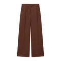 Vista piatta di pantaloni marroni a vita alta e gamba larga in misto poliestere drappeggiato - S / Pantaloni Marroni