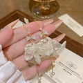 Elegant 925 silver needle tassel earrings featuring bowknot and white flower petal details - E0358 Ear Hook (French Bow Petal Pearl Gold White)
