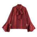 Camicia a righe rosso scuro con fiocco elegante e maniche a balze svasate stratificate - XS / Rosso Mattone