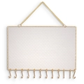 Golden wall-mounted jewelry organizer with mesh grid and 12 hanging metal hooks - Horizontal Gold
