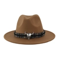 Cappello di feltro marrone con fascia etnica e accessorio a teschio di toro argento - Adulto 58cm Taglia Unica / Cammello Scuro