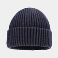Close-up of dark blue ribbed knit beanie showing texture of the core-spun yarn - One Size / Navy Blue