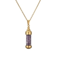 Golden perfume bottle pendant necklace with purple amethyst stone crystals in glass vial - Gold Amethyst