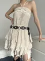 Chic off-the-shoulder cream floral dress with black studded punk belt and lace trim - Black