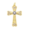Golden cross pendant featuring a blue evil eye center and sparkling zircon accents - Pendant 14 (Gold Blue Evil Eye V-Texture Cross)