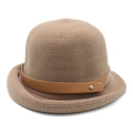 Detail of the fine knit texture and brown leather strap with a gold metal buckle - Brown / M (56-58cm)