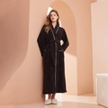 Deep brown oversized plush fleece bathrobe for women with contrast white trim and waist belt - Palm Black - Women