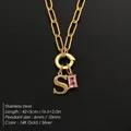 14K gold plated stainless steel paperclip chain necklace with letter S and pink zircon - Letter S