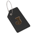 Black leather luggage tag with gold embossed letter J and durable steel ring loop - Letter J