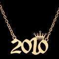 Golden 2010 lucky number angel year necklace with crown pendant on a sleek thin chain - 2010 / Gold