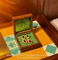 Walnut wood jewelry box with green embossed glass lid and velvet ring storage - Walnut Green Glass Vintage Green Ring Box