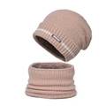 Winter knitted beanie and neck warmer set in khaki with thick warm fleece lining - Pink