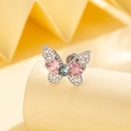 Zilveren vlinder oorknopje met roze hartstenen en blauw centraal zirkoon detail - Roze (Per stuk)