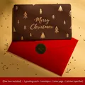 Brown Merry Christmas card with gold foil tree, red envelope and green Xmas sticker - Style A - Gold Foil Bronzing / Card, Envelope, Insert And Sticker
