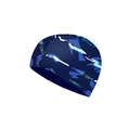 Elastic swimming cap with blue and white abstract geometric patterns on a white background - Navy Blue Geometric