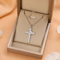Silver cross necklace with Virgin Mary relief and cubic zirconia in a jewelry box - 9209 / Silver
