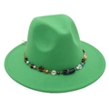 Close-up of vibrant green wool felt fedora featuring bohemian beaded ethnic band detail - One Size / Grass Green (Obsidian Decoration)