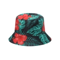 Unisex black bucket hat featuring vibrant red hibiscus and green monstera leaf prints - Black Red Hibiscus (W)