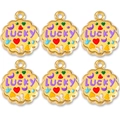 Set of 6 gold alloy Lucky round charms with colorful enamel stars and hearts - Purple