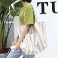 Vertical striped cream canvas tote bag with large capacity and minimalist shoulder straps - Vertical Striped / Apricot