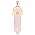 Detailed view of pink hexagonal crystal quartz pendant in a polished gold metal frame - Gold O-Chain / Rose Quartz