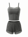 Detailed close-up of dark grey lace-trimmed camisole and matching shorts lounge set - S / Space Gray
