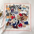 Schattige zijden vierkante sjaal met kattenprint, roze rand en beige zijdetextuur - 70x70cm / Beige Roze Rand Kat (FJ456-2)